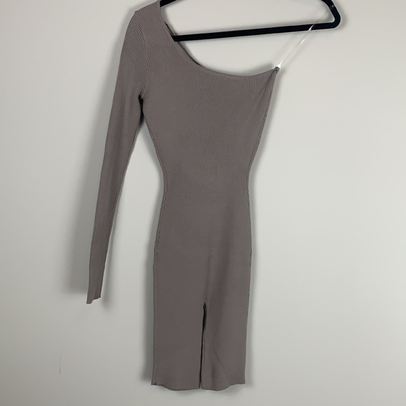 One Shoulder LongSleeve Stretch Ribbed Romper Gray - Picture 3 of 5